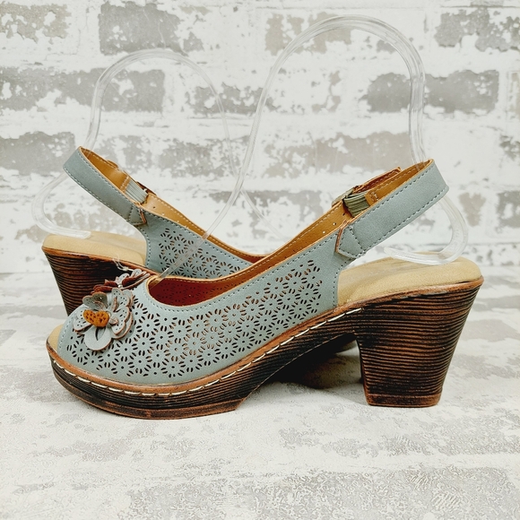 New Patrizia Spring Step Slingback Blue Floral Laser Cut Peep Toe Sandals i589 - Picture 4 of 15